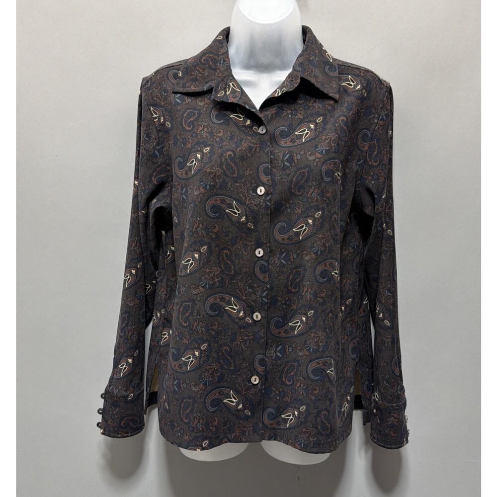 Vintage La Cabana Brown Paisley Long Sleeve Button Up Shirt Women Size: M